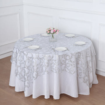 72"x72" Silver Sequin Leaf Embroidered Seamless Tulle Table Overlay, Square Sheer Table Topper
