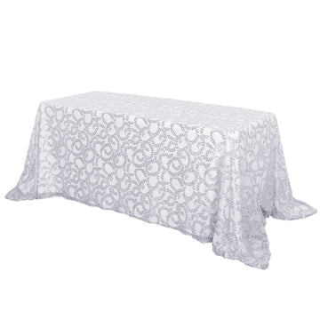 90"x156" Silver Sequin Leaf Embroidered Tulle Rectangular Tablecloth for 8 Foot Table With Floor-Length Drop