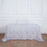 90x156inch Silver Sequin Leaf Embroidered Rectangular Tablecloth, Seamless Sheer Table Overlay