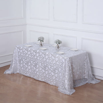 90"x156" Silver Sequin Leaf Embroidered Tulle Rectangular Tablecloth