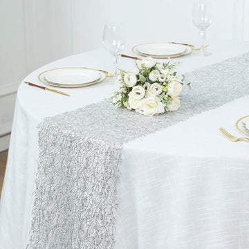 12"x108" Silver Sequin Mesh Schiffli Lace Table Runner, Sparkly Wedding Table Decoration