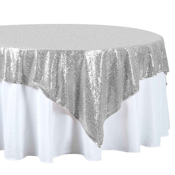 72"x72" Silver Sequin Sparkly Square Table Overlay