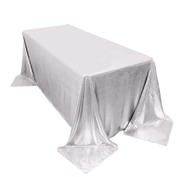 90"x132" Silver Shimmer Sequin Dots Polyester Tablecloth, Wrinkle Free Sparkle Glitter Table Cover for 6 Foot Table With Floor-Length Drop