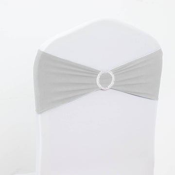 5 Pack | 5"x14" Silver Spandex Stretch Chair Sashes with Silver Diamond Ring Slide Buckle