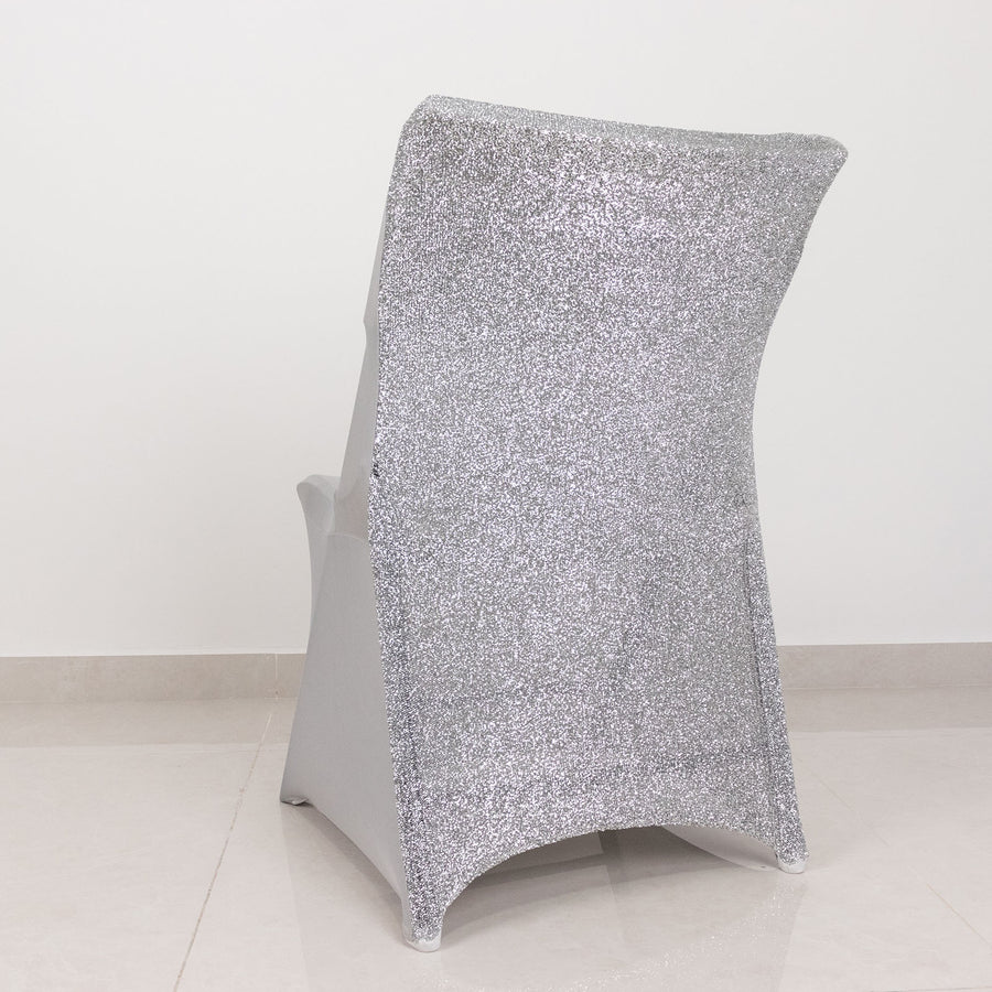 Silver Spandex Stretch Folding Chair Cover, Fitted Chair Cover with Metallic Shimmer Tinsel Back