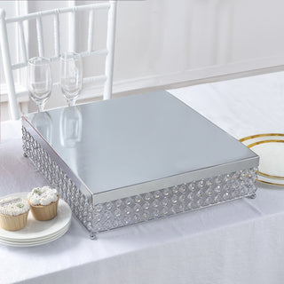 Elegant Silver Square Crystal Beaded Metal Cake Stand