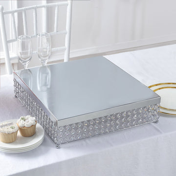 16” Silver Square Crystal Beaded Metal Cake Stand, Dessert Pedestal