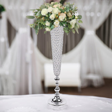 2 Pack Silver 40” Tall Crystal Beaded Trumpet Vase Set, Table Centerpiece