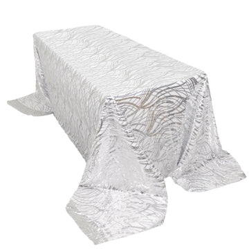 90"x156" Silver Wave Mesh Rectangular Tablecloth With Embroidered Sequins for 8 Foot Table With Floor-Length Drop