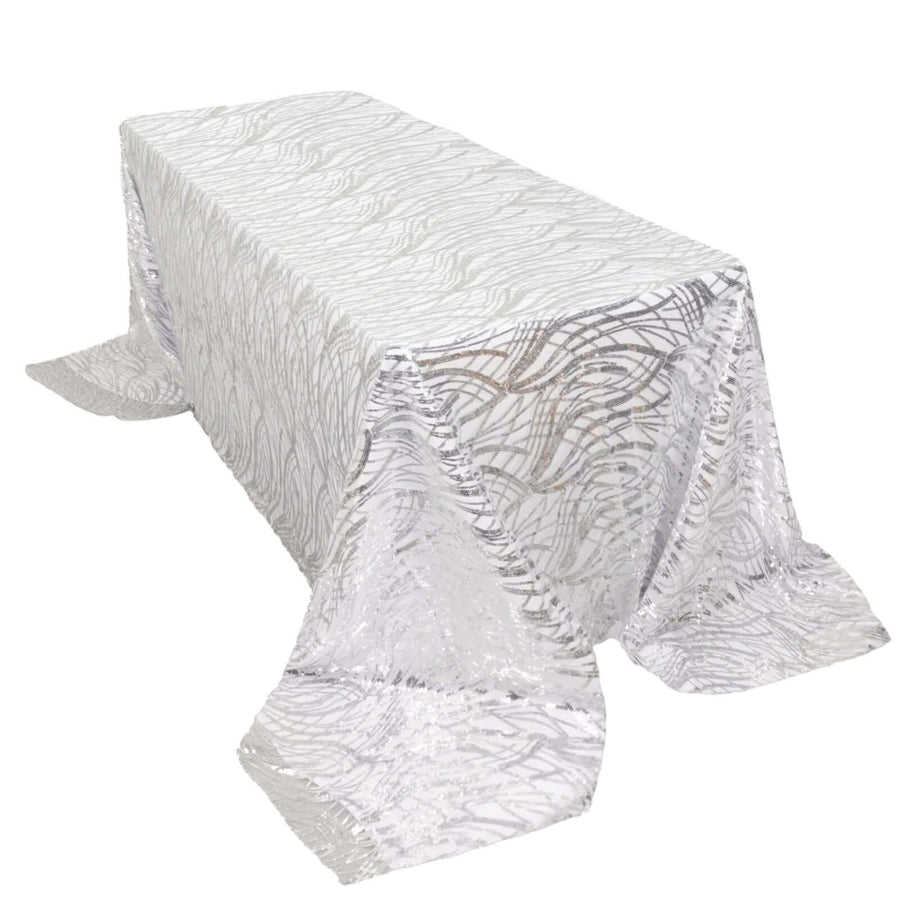 90x156inch Silver Wave Mesh Rectangular Tablecloth With Embroidered Sequins