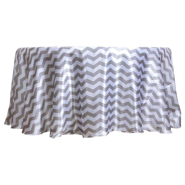 120" Silver White Seamless Chevron Satin Round Tablecloth for 5 Foot Table With Floor-Length Drop