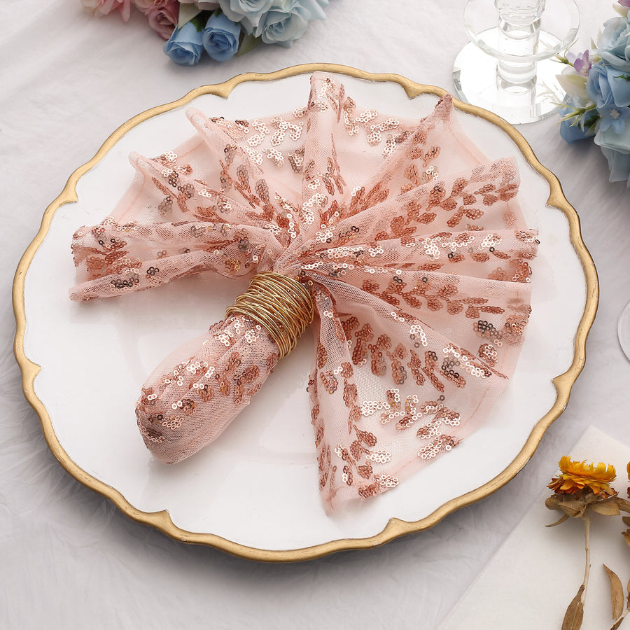 Sparkly Blush Rose Gold Leaf Vine Embroidered Sequin Tulle Cloth Dinner Napkins