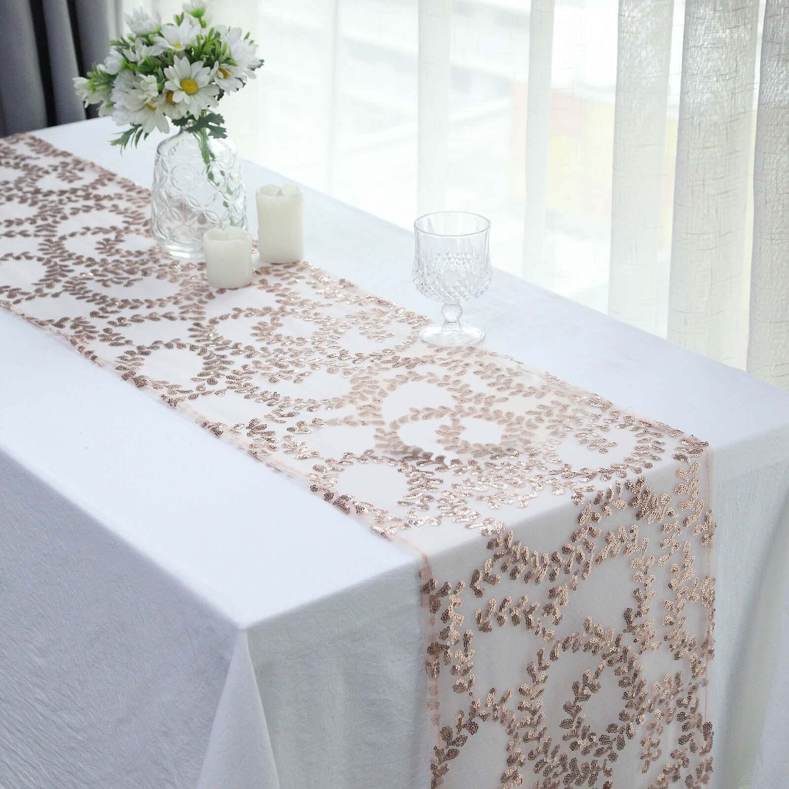 Sparkly Silver Leaf Vine Embroidered Sequin Tulle Cloth Dinner