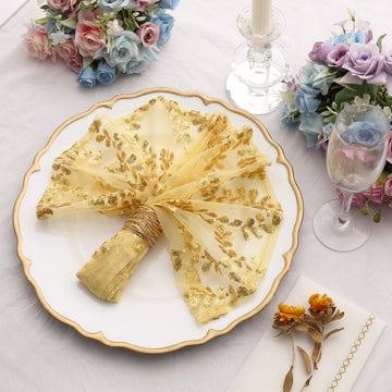 Sparkly Gold Leaf Vine Embroidered Sequin Tulle Cloth Dinner Napkins, Sheer Decorative Napkins