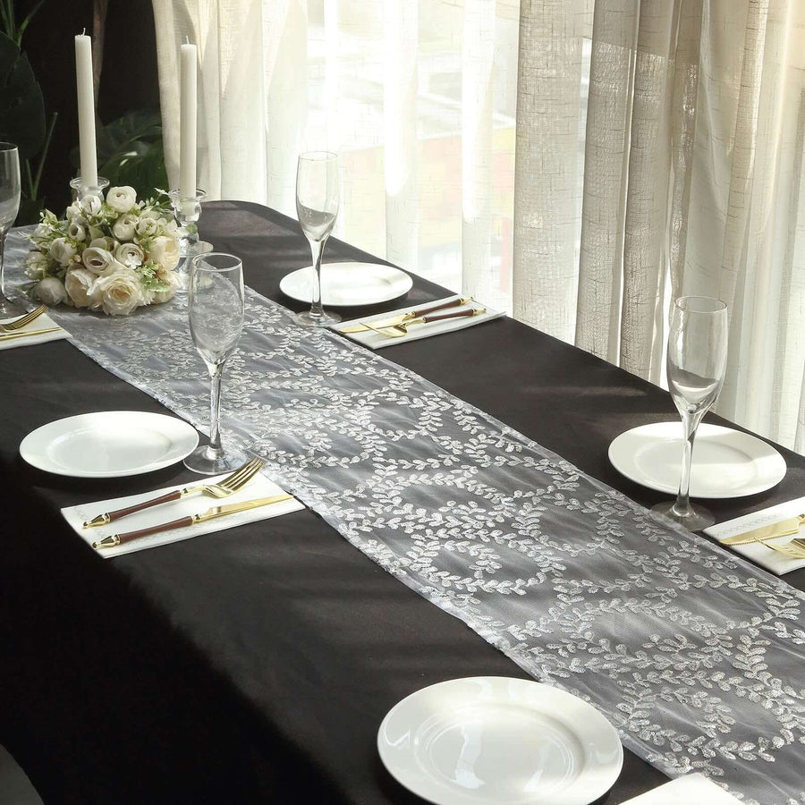 12x108inch Sparkly Silver Leaf Vine Sequin Tulle Table Runner