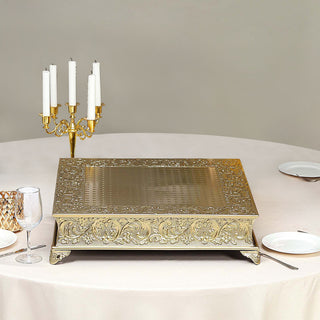 Add a Touch of Luxury with the 22" Square Gold Embossed Cake Pedestal
