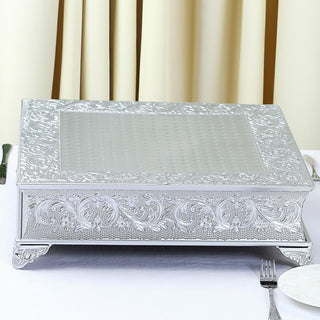 Elevate Your Event with the 18" Square Silver Embossed Cake Pedestal