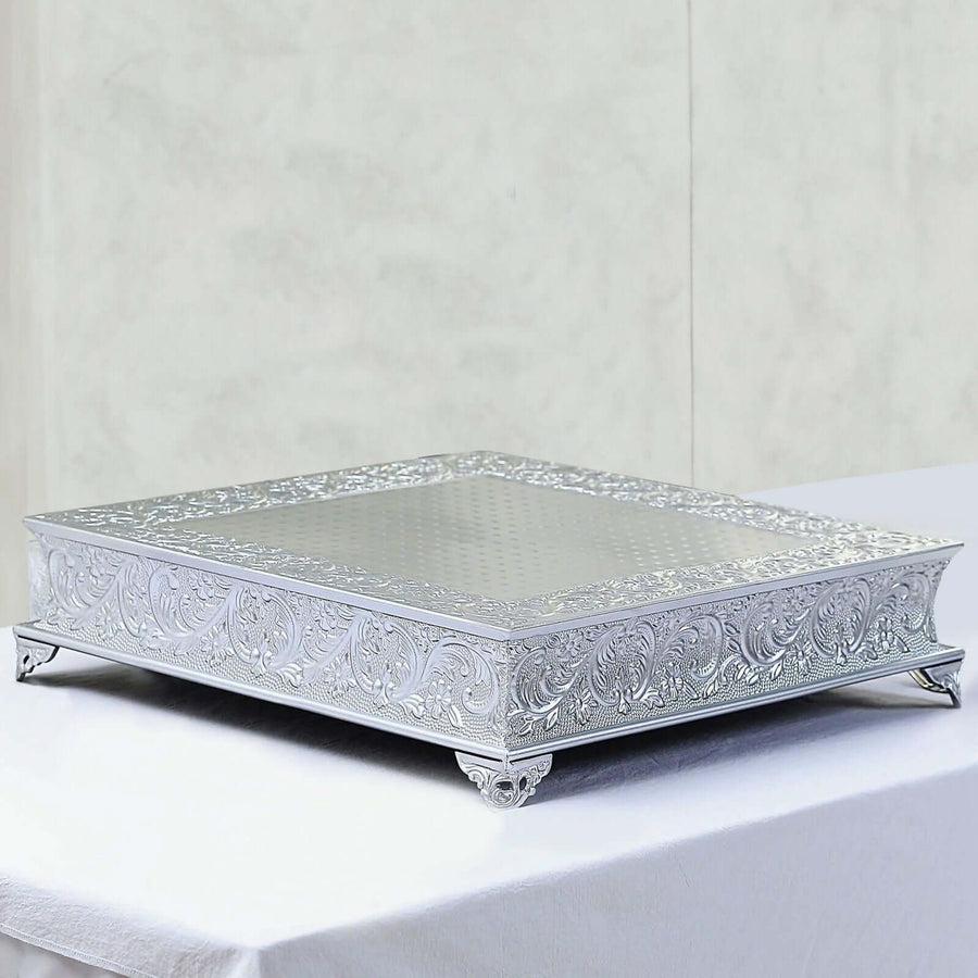 22inch Square Silver Embossed Cake Pedestal, Metal Cake Stand Cake Riser