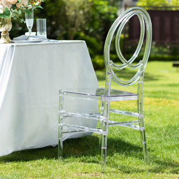 Stackable Clear Acrylic Phoenix Chiavari Ghost Chair, Transparent Resin Armless Oval Back Chair