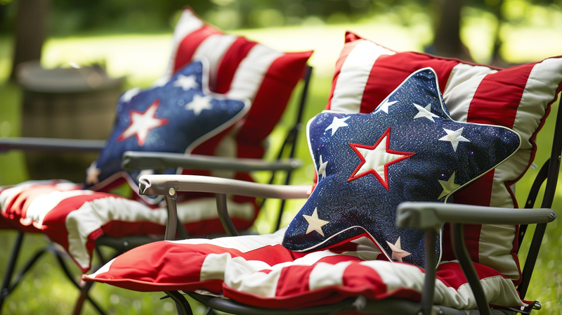 4th of July chair decorations with star pillows on red and white stripes.