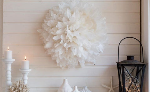 White feather backdrop over a small table