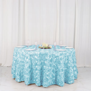 Elevate Your Event with the Stunning Light Blue 120" Seamless Rosette Satin Round Tablecloth