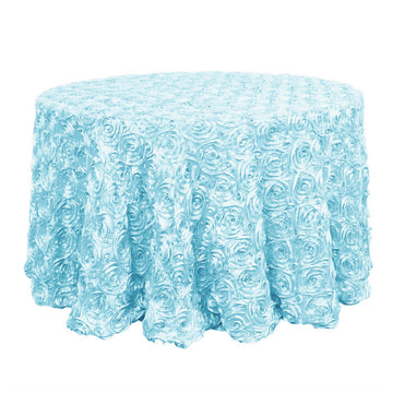 120" Light Blue Seamless Grandiose 3D Rosette Satin Round Tablecloth for 5 Foot Table With Floor-Length Drop