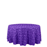 Purple rose-patterned tablecloth on a plain background.