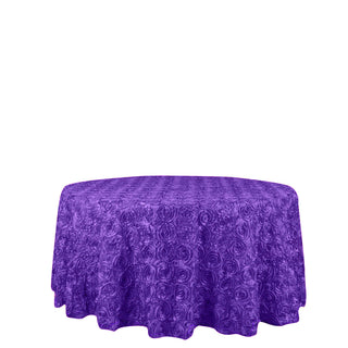 Purple rose-patterned tablecloth on a plain background.