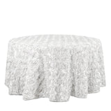 120inch White Grandiose 3D Rosette Satin Round Tablecloth