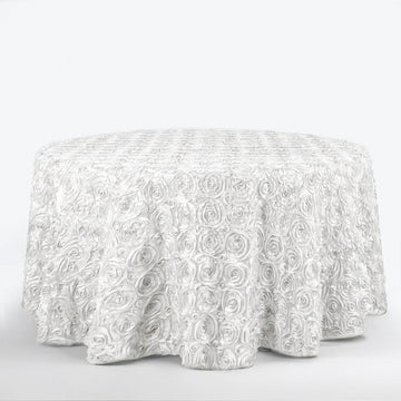 Satin 120" Round Tablecloth White - Grandiose 3D Rosette Design with Seamless Finish for Luxe Events