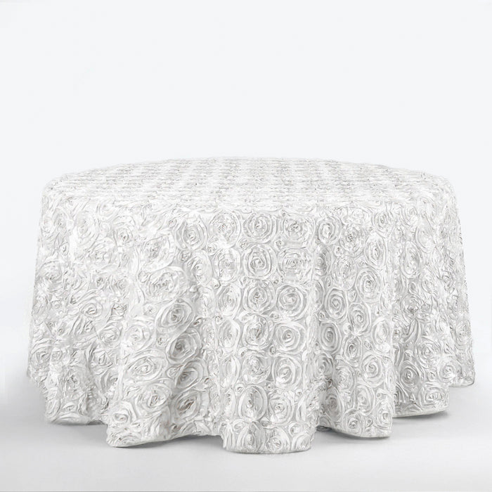120inch White Grandiose 3D Rosette Satin Round Tablecloth