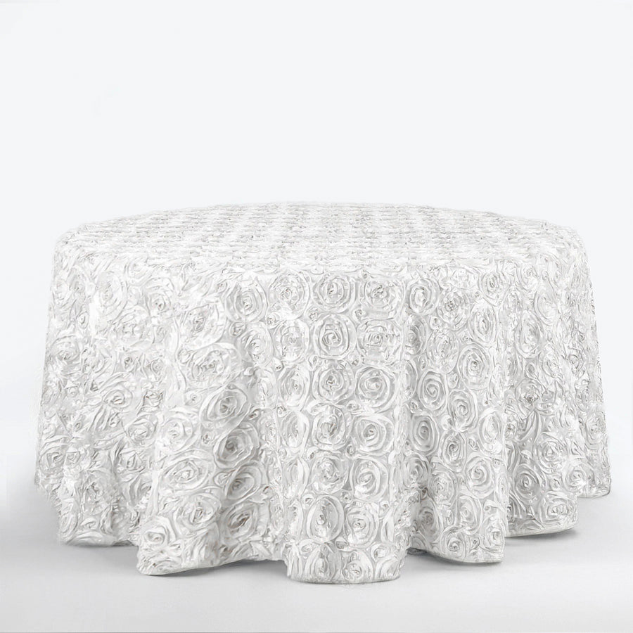 120inch White Grandiose 3D Rosette Satin Round Tablecloth
