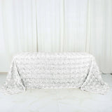 90x132inch White Grandiose 3D Rosette Satin Rectangle Tablecloth