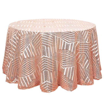 120" Rose Gold Seamless Diamond Glitz Sequin Round Tablecloth for 5 Foot Table With Floor-Length Drop