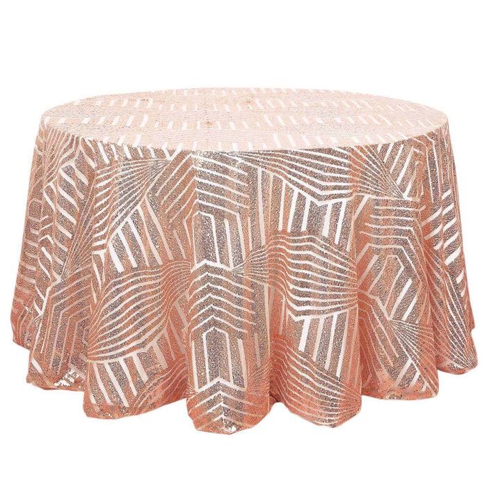 120inch Blush Rose Gold Glitz Sequin Geometric Tulle Round Tablecloth