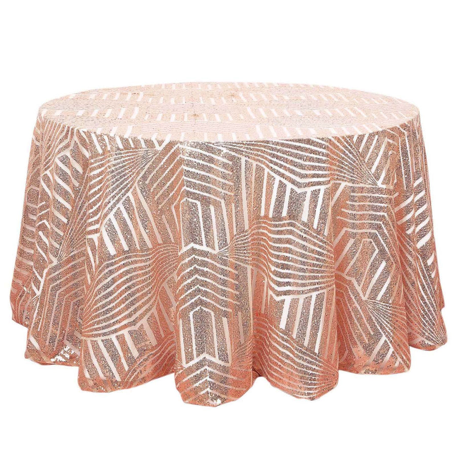 120inch Blush Rose Gold Glitz Sequin Geometric Tulle Round Tablecloth