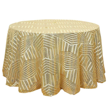 120" Gold Seamless Diamond Glitz Sequin Round Tablecloth for 5 Foot Table With Floor-Length Drop