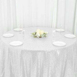 Unleash the Luxury of the White Seamless Premium Sequin Round Tablecloth