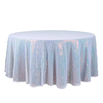 Sequin 132" Round Tablecloth Iridescent Blue - Seamless Dazzling Table Cover