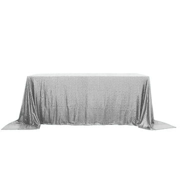 Sequin 90"x132" Rectangle Tablecloth Silver - Seamless Sparkly Table Cover