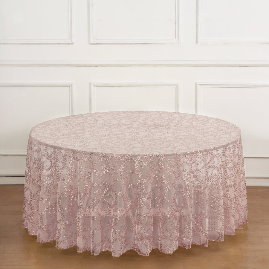 120inch Blush Rose Gold Sequin Leaf Embroidered Seamless Tulle Round Tablecloth, Sheer Overlay