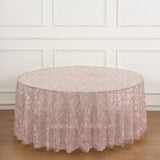 120inch Blush Rose Gold Sequin Leaf Embroidered Seamless Tulle Round Tablecloth, Sheer Overlay