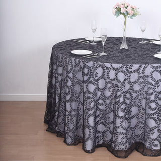 Timeless Black Sequin Leaf Embroidered Seamless Tulle Round Tablecloth