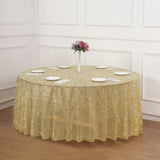 120inch Gold Sequin Leaf Embroidered Seamless Tulle Round Tablecloth, Sheer Table Overlay
