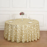 120inch Gold Sequin Leaf Embroidered Seamless Tulle Round Tablecloth, Sheer Table Overlay
