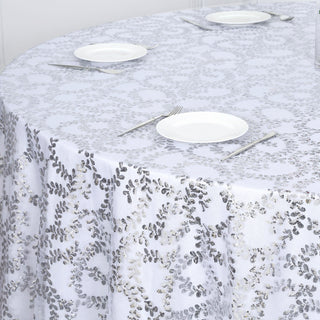 Elevate Your Table Decor with the Silver Sequin Leaf Embroidered Tulle Round Tablecloth