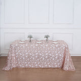 90x156inch Blush Rose Gold Sequin Leaf Embroidered Rectangular Tablecloth, Sheer Table Overlay