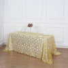 90x156inch Gold Sequin Leaf Embroidered Rectangular Tablecloth, Seamless Sheer Table Overlay