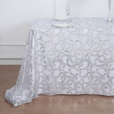 90x156inch Silver Sequin Leaf Embroidered Rectangular Tablecloth, Seamless Sheer Table Overlay